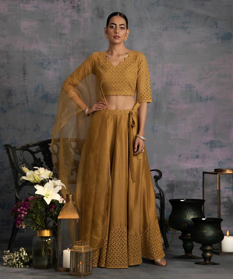 Swarovski Golden Chanderi & Cutwork Lehenga With Crop Top & Dupatta 