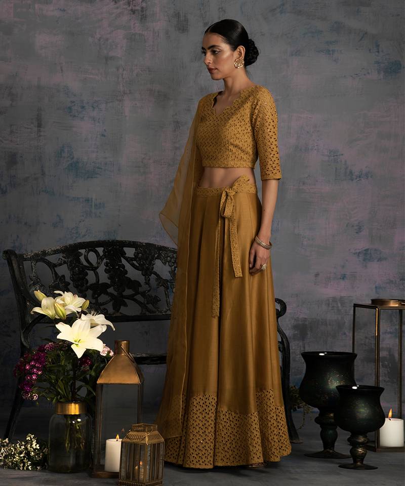 Swarovski Golden Chanderi & Cutwork Lehenga With Crop Top & Dupatta 