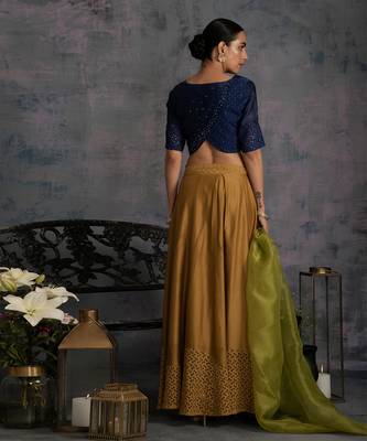 Swarovski Golden Chanderi & Cutwork Lehenga With Midnight Blue Crop Top & Green Dupatta  2