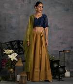 Swarovski Golden Chanderi & Cutwork Lehenga With Midnight Blue Crop Top & Green Dupatta 
