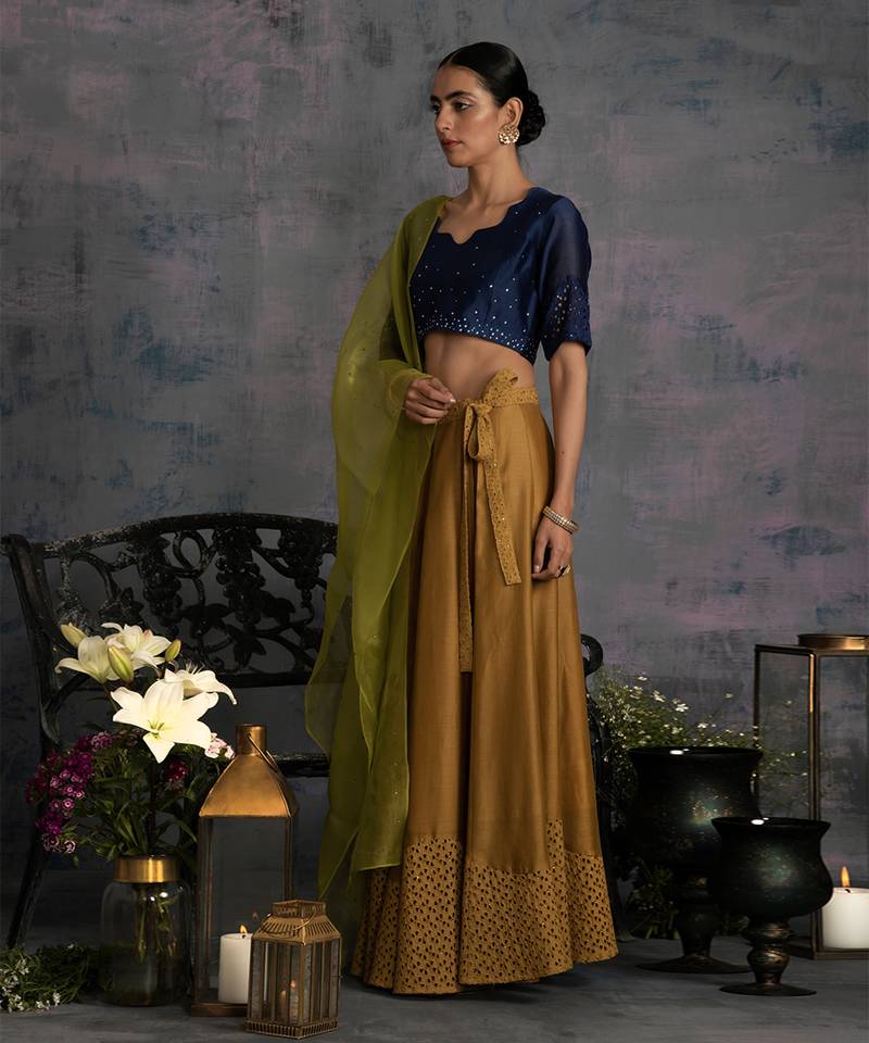 Swarovski Golden Chanderi & Cutwork Lehenga With Midnight Blue Crop Top & Green Dupatta 