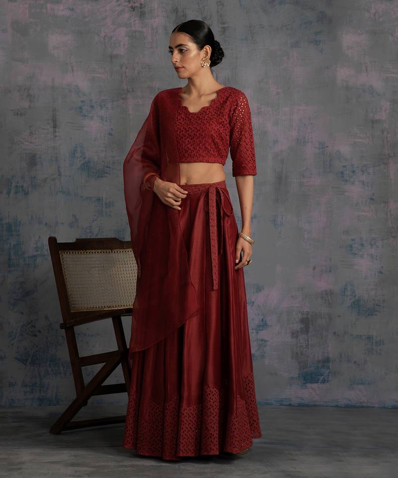 Swarovski Rust Chanderi & Cutwork Lehenga With Crop Top & Dupatta 
