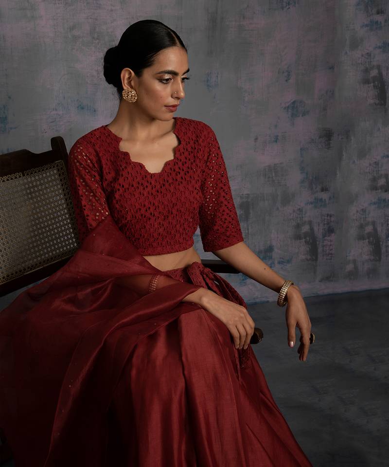 Swarovski Rust Chanderi & Cutwork Lehenga With Crop Top & Dupatta 