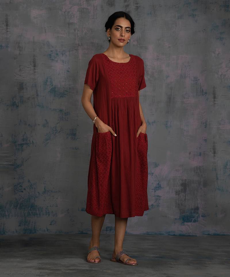 cutwork yoke \u0026 side pockets embellished 