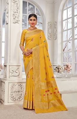 Yellow woven Banarasi silk blend saree with blouse 1