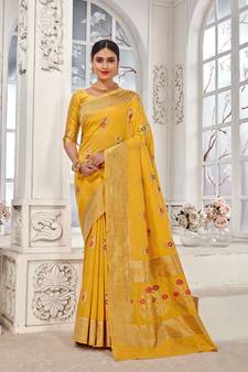Yellow woven Banarasi silk blend saree with blouse