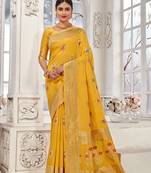 Yellow woven Banarasi silk blend saree with blouse