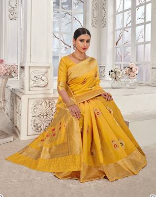 Yellow woven Banarasi silk blend saree with blouse 2