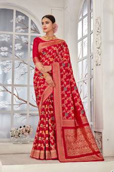 Red woven Banarasi silk blend saree with blouse