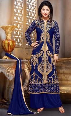 Blue embroidered georgette semi stitched salwar with dupatta 1