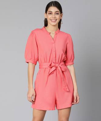 Monde coral color women Linen Blend playsuit 2