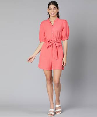 Monde coral color women Linen Blend playsuit 3