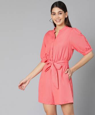 Monde coral color women Linen Blend playsuit 4