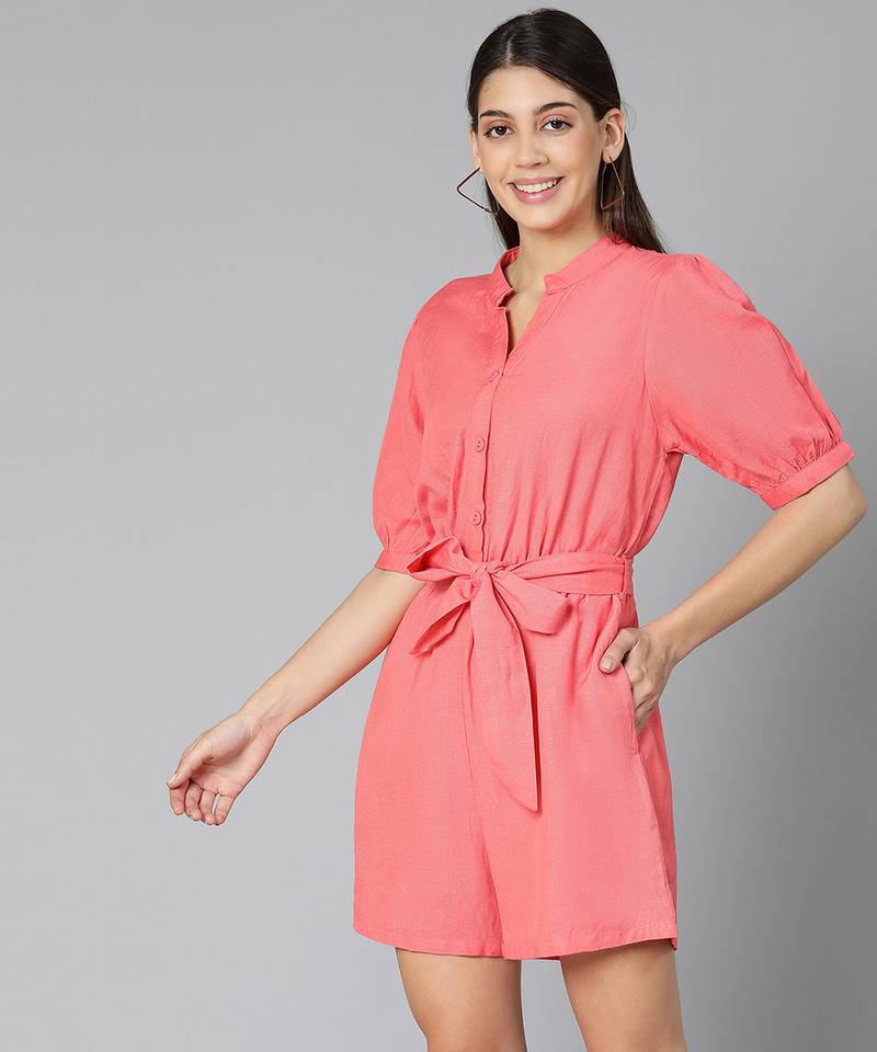 Monde coral color women Linen Blend playsuit