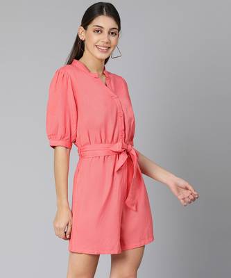 Monde coral color women Linen Blend playsuit 5