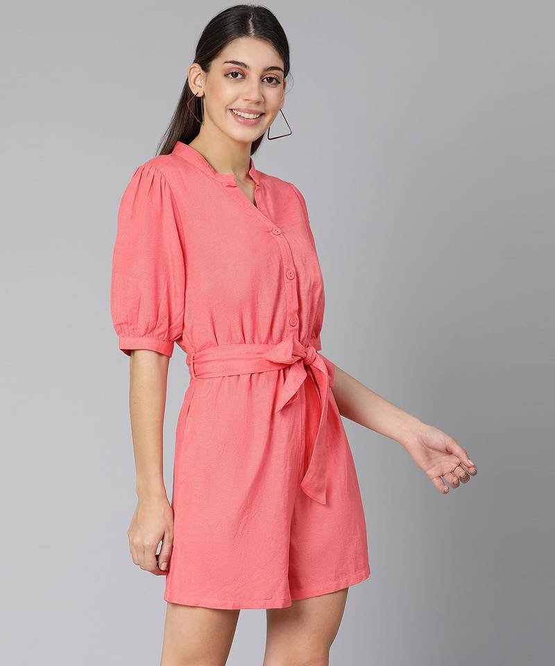 Monde coral color women Linen Blend playsuit