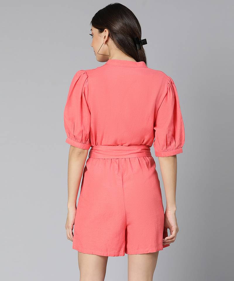 Monde coral color women Linen Blend playsuit