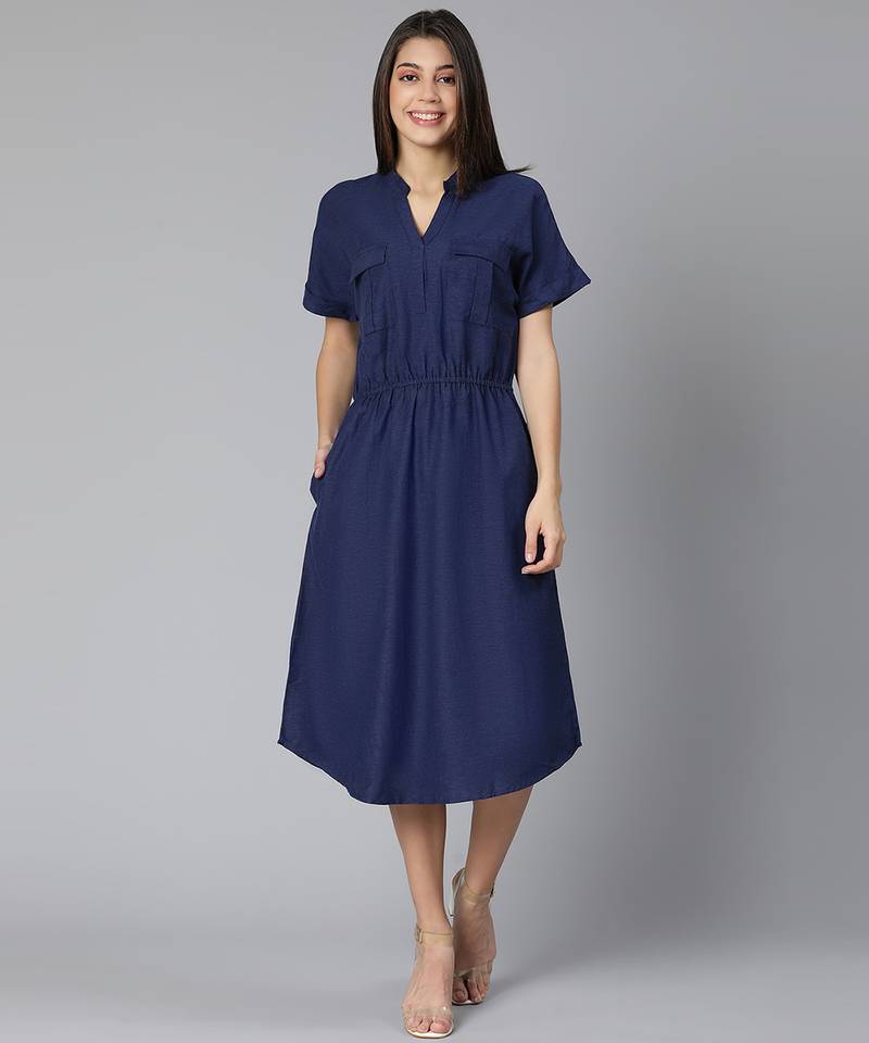 Zubanic navy blue women long Linen Blend dress