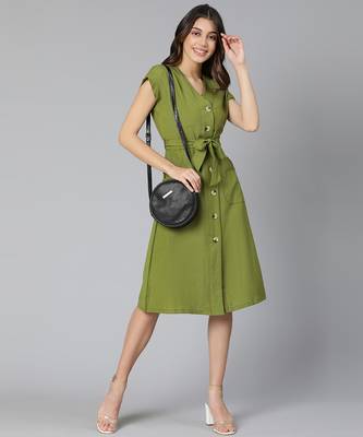 Frezz khaki color Linen Blend meld women tie-knot dress 1