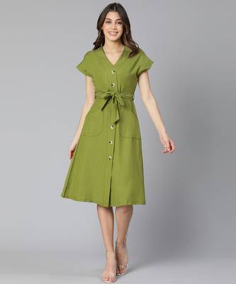 Frezz khaki color Linen Blend meld women tie-knot dress 2