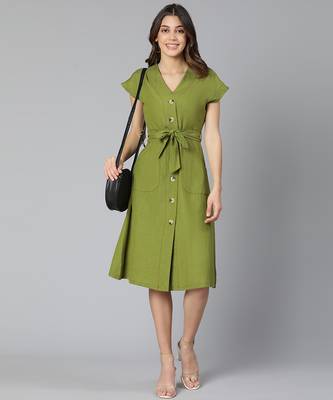 Frezz khaki color Linen Blend meld women tie-knot dress 3