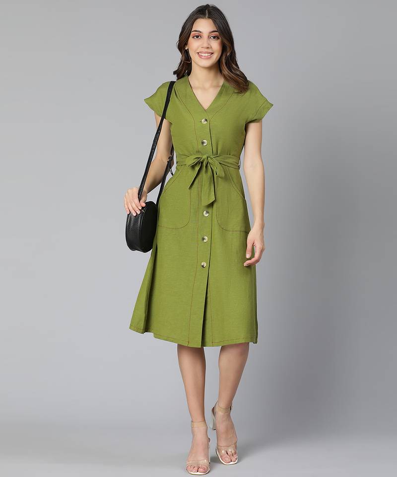 Frezz khaki color Linen Blend meld women tie-knot dress