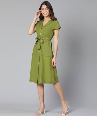 Frezz khaki color Linen Blend meld women tie-knot dress 4