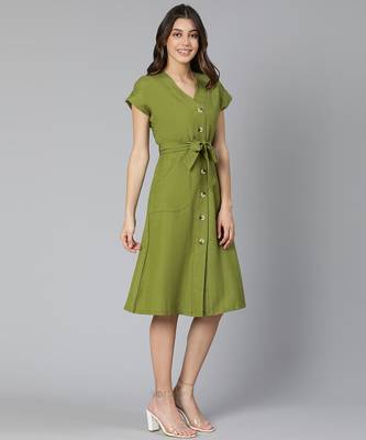 Frezz khaki color Linen Blend meld women tie-knot dress 5