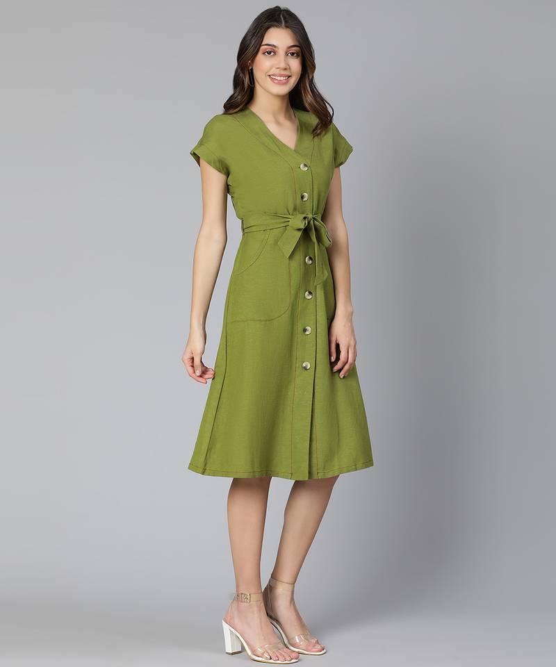Frezz khaki color Linen Blend meld women tie-knot dress