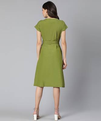 Frezz khaki color Linen Blend meld women tie-knot dress 6