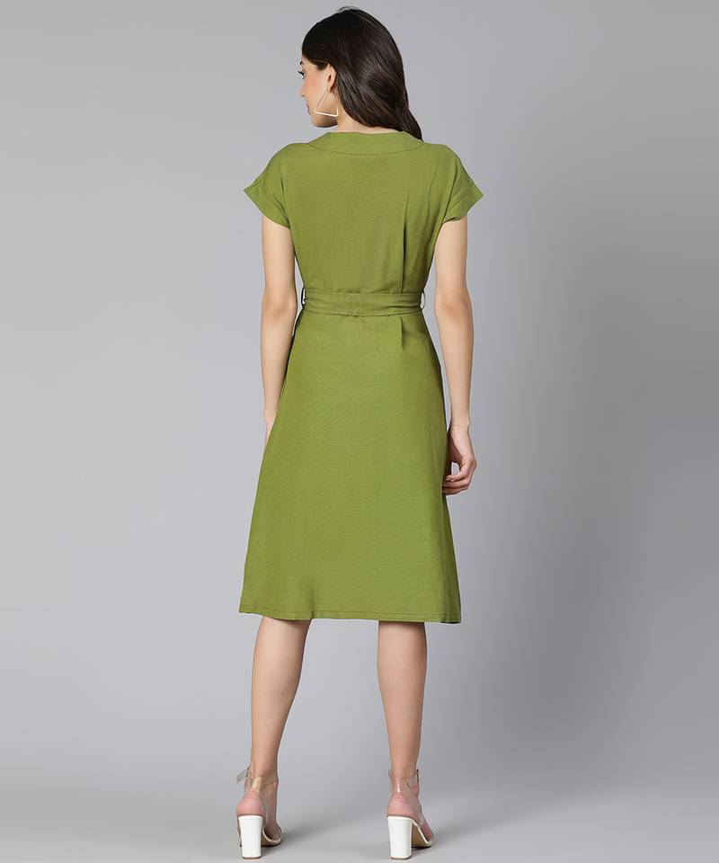 Frezz khaki color Linen Blend meld women tie-knot dress