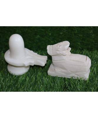 Salvus White Marble Handcrafted Shivling and Nandi Idol Statue (3.5 x 3.5 Inch) 1