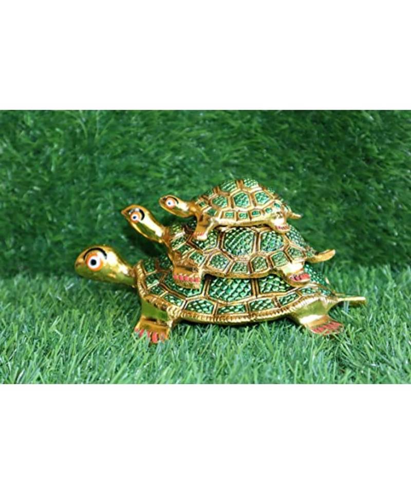 Salvus Metal Handmade Green & Gold Turtle/ Tortoise Feng Shui Showpiece for Home Decoration, Set of 3