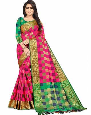 Pink Weaving Jacquard Designer  Party Wear Sarees With Cotton Silk Blouse 1