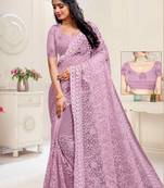 Purple Heavy Designer Embroidery Stone Work  Party Wear Sarees With Net Blouse