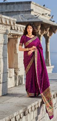Purple Exclusive Wevon Paithani Designer  Party Wear Sarees With Banarasi Silk Blouse 1