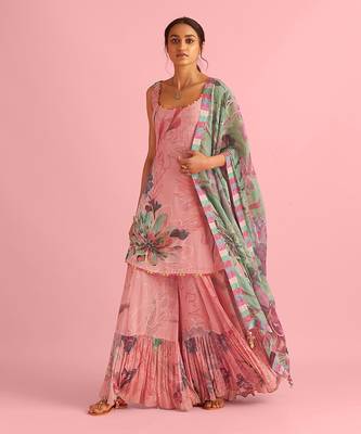 Floral Fantasy Pink Natural Crepe Kurta Sharara Set 1