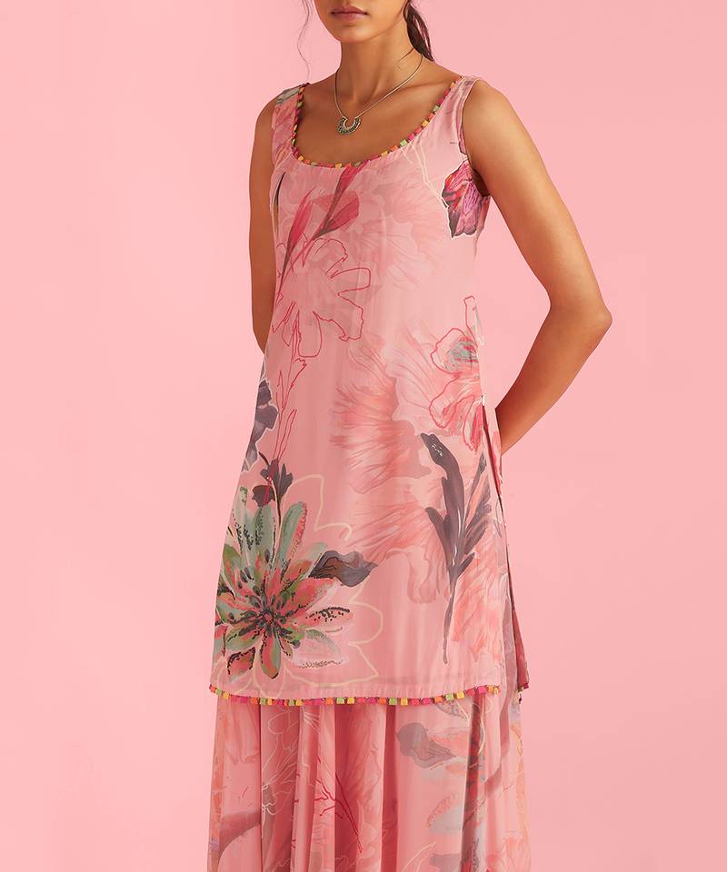 Floral Fantasy Pink Natural Crepe Kurta Sharara Set