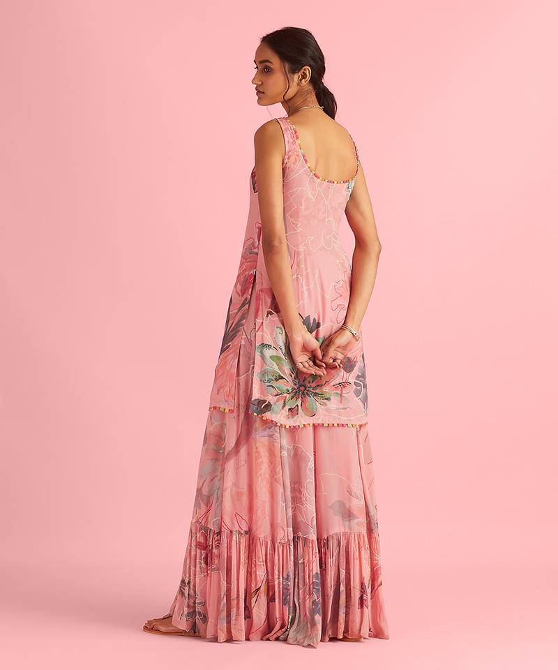 Floral Fantasy Pink Natural Crepe Kurta Sharara Set