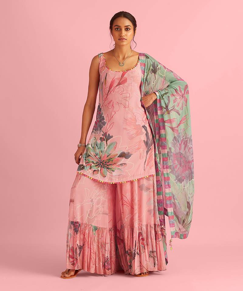 Floral Fantasy Pink Natural Crepe Kurta Sharara Set