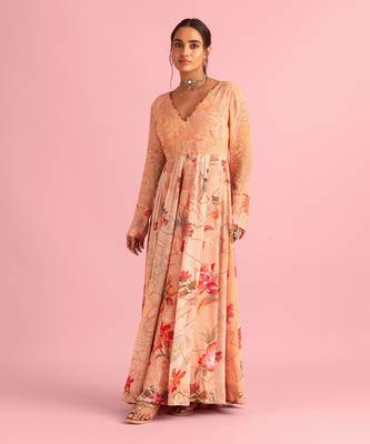 Floral Fantasy Peach Natural Crepe Printed Gown 1