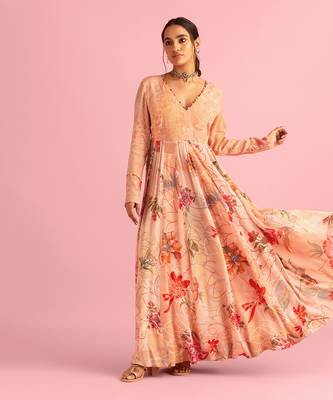 Floral Fantasy Peach Natural Crepe Printed Gown 2