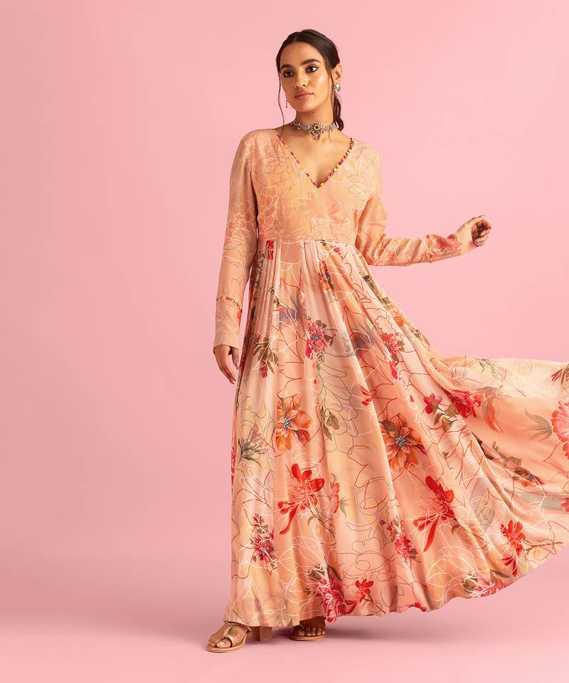 Floral Fantasy Peach Natural Crepe Printed Gown