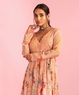 Floral Fantasy Peach Natural Crepe Printed Gown 3