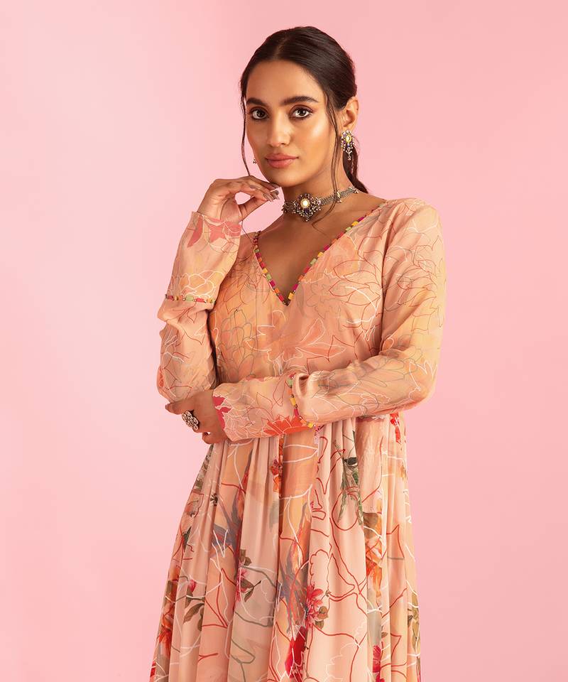 Floral Fantasy Peach Natural Crepe Printed Gown