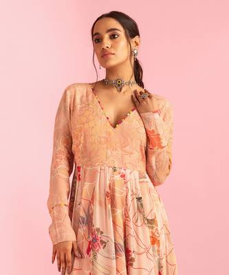 Floral Fantasy Peach Natural Crepe Printed Gown 4