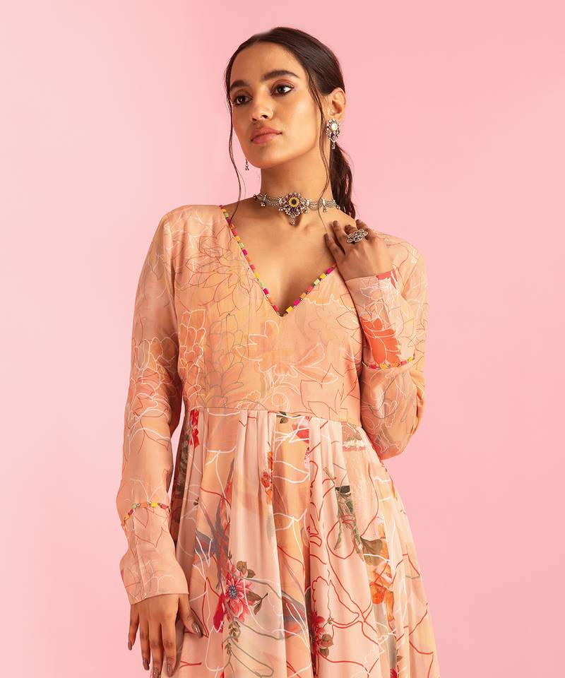 Floral Fantasy Peach Natural Crepe Printed Gown