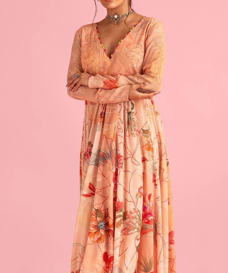 Floral Fantasy Peach Natural Crepe Printed Gown