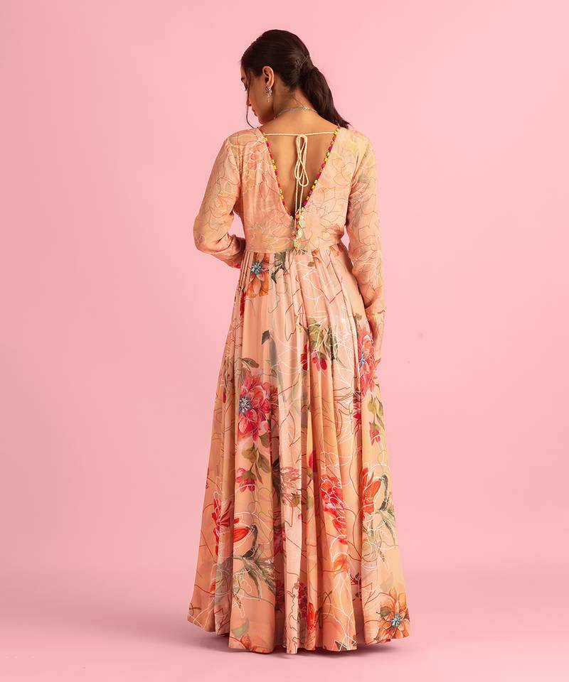Floral Fantasy Peach Natural Crepe Printed Gown