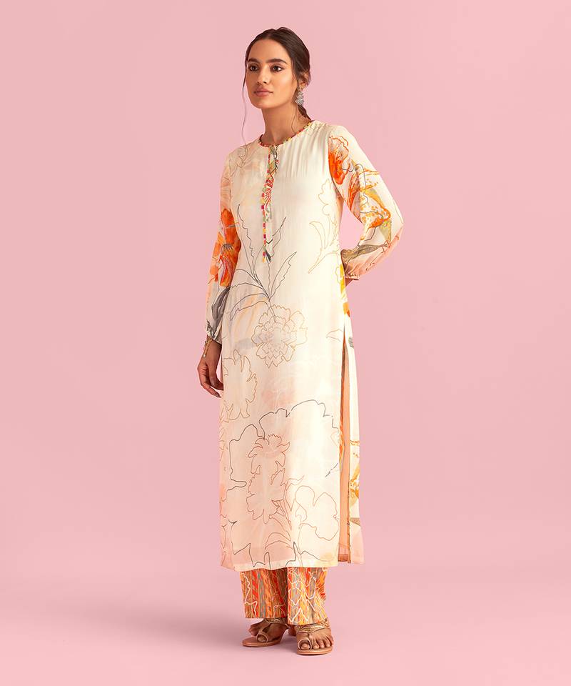 Floral Fantasy Cream Natural Crepe Printed Kurta Set